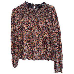 Lucky Brand Smocked Neck Long Sleeve Blouse Sz S Black Ditsy Floral Boho